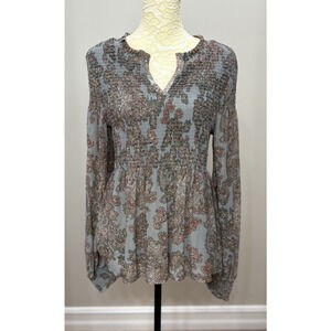 Akemi‎ Anthropologie Medium Top Adria Smocked Paisley Peplum Babydoll Blue Boho